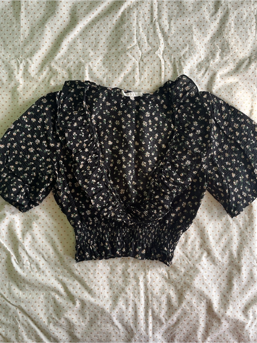 Wayf Black Ditsy Floral Cropped Blouse with Ruffled Deep V, Large Puff Sleeve